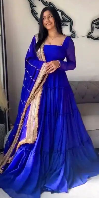 KD 1539 Royal Blue Faux Georgette Ruffle Style Gown. Wedding, Party, Festive, Events Grab it for ₹2099. Delivery 4-6 Working Days. Shop now. | Bollywood Gowns, Creative Gowns, Designer Gowns, Embroidered Gowns, Gowns, Party Wear Gowns