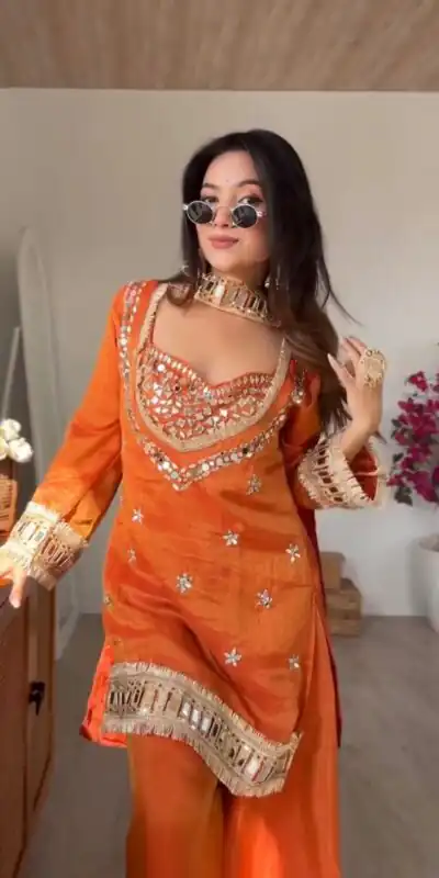 SRK 5326 Rust Fendy Silk Salwar Suit with Mirror Work & Lace Work. Affordable Price ₹2399. Delivery 4-6 Working Days. Shop now. | Casual Suits, Jump Suits, Creative suits, Designer Suits, Palazzo Suits, Party Wear Suits, Patiala Suits, Salwar suit, Straight Suits