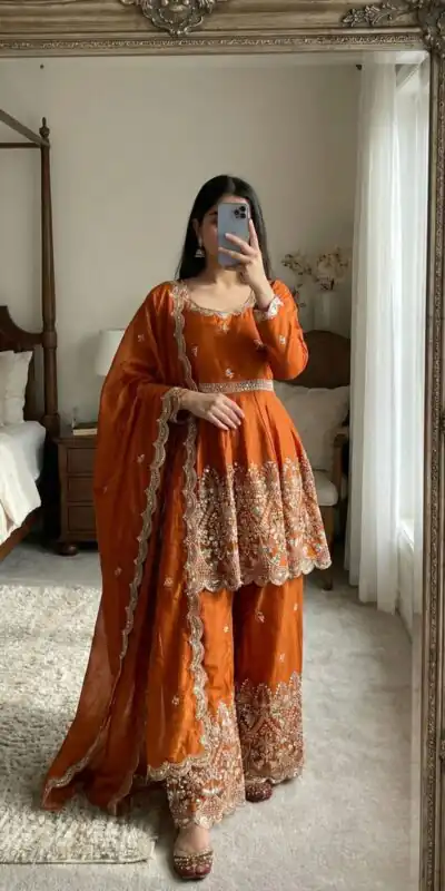 ZSR 3162 Rust Fendy Silk Salwar Suit with Mirror Work & Embroidery Work. Best Price ₹2149. Delivery 4-6 Working Days. Shop now. | Casual Suits, Jump Suits, Creative suits, Designer Suits, Palazzo Suits, Party Wear Suits, Patiala Suits, Salwar suit, Straight Suits