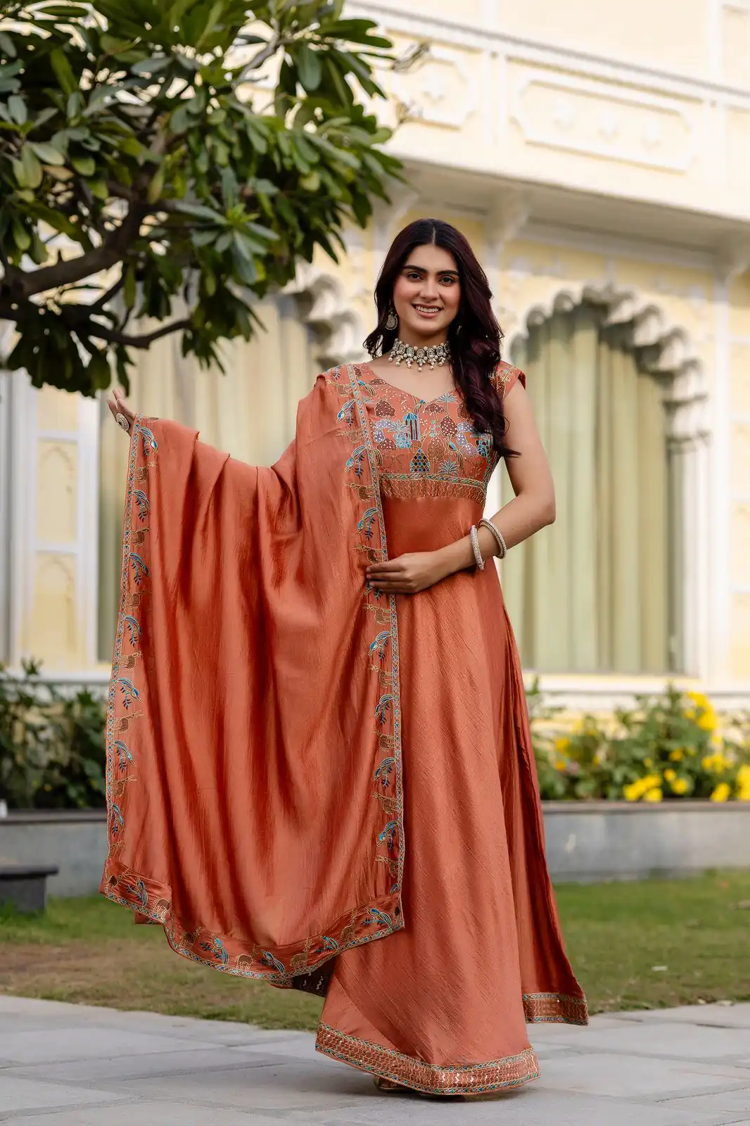 RR 39 Rust Vichitra Silk Gown Perfect for Wedding, Party, Holi, Anniversary, Mehendi –. Grab it for ₹2149. Delivery 4-6 Working Days. Shop now. | Bollywood Gowns, Creative Gowns, Designer Gowns, Embroidered Gowns, Gowns, Party Wear Gowns