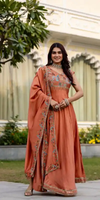 RR 39 Rust Vichitra Silk Gown Perfect for Wedding, Party, Holi, Anniversary, Mehendi –. Grab it for ₹2149. Delivery 4-6 Working Days. Shop now. | Bollywood Gowns, Creative Gowns, Designer Gowns, Embroidered Gowns, Gowns, Party Wear Gowns