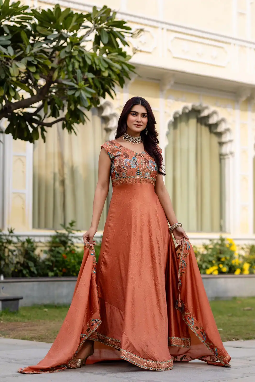 RR 39 Rust Vichitra Silk Gown Perfect for Wedding, Party, Holi, Anniversary, Mehendi –. Grab it for ₹2149. Delivery 4-6 Working Days. Shop now. | Bollywood Gowns, Creative Gowns, Designer Gowns, Embroidered Gowns, Gowns, Party Wear Gowns