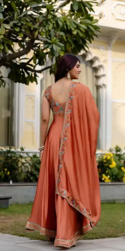 RR 39 Rust Vichitra Silk Gown Perfect for Wedding, Party, Holi, Anniversary, Mehendi –. Grab it for ₹2149. Delivery 4-6 Working Days. Shop now. | Bollywood Gowns, Creative Gowns, Designer Gowns, Embroidered Gowns, Gowns, Party Wear Gowns
