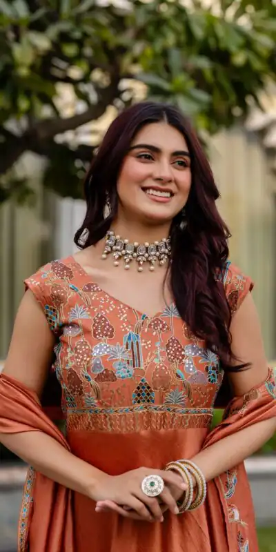 RR 39 Rust Vichitra Silk Gown Perfect for Wedding, Party, Holi, Anniversary, Mehendi –. Grab it for ₹2149. Delivery 4-6 Working Days. Shop now. | Bollywood Gowns, Creative Gowns, Designer Gowns, Embroidered Gowns, Gowns, Party Wear Gowns