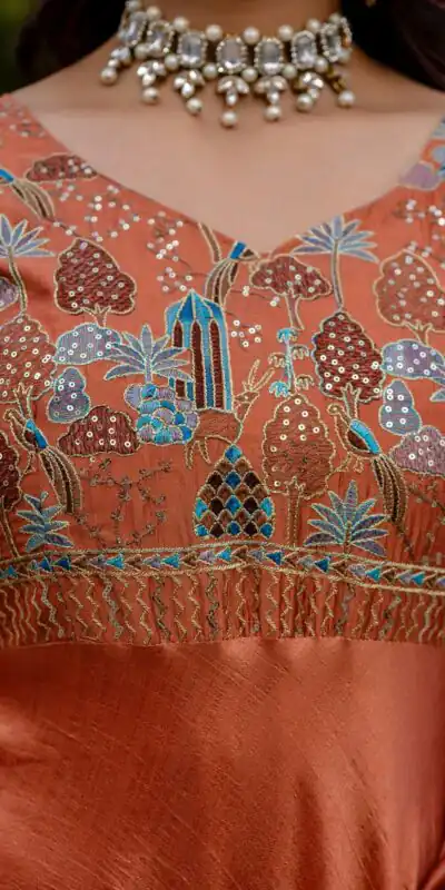 RR 39 Rust Vichitra Silk Gown Perfect for Wedding, Party, Holi, Anniversary, Mehendi –. Grab it for ₹2149. Delivery 4-6 Working Days. Shop now. | Bollywood Gowns, Creative Gowns, Designer Gowns, Embroidered Gowns, Gowns, Party Wear Gowns