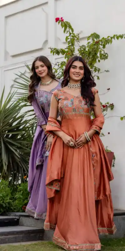 RR 39 Rust Vichitra Silk Gown Perfect for Wedding, Party, Holi, Anniversary, Mehendi –. Grab it for ₹2149. Delivery 4-6 Working Days. Shop now. | Bollywood Gowns, Creative Gowns, Designer Gowns, Embroidered Gowns, Gowns, Party Wear Gowns