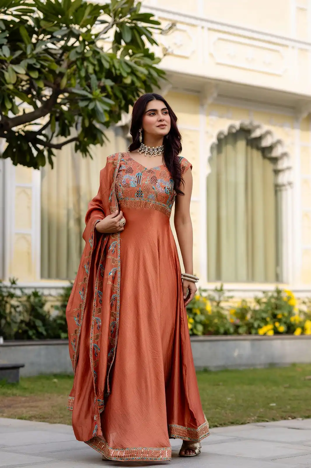RR 39 Rust Vichitra Silk Gown Perfect for Wedding, Party, Holi, Anniversary, Mehendi –. Grab it for ₹2149. Delivery 4-6 Working Days. Shop now. | Bollywood Gowns, Creative Gowns, Designer Gowns, Embroidered Gowns, Gowns, Party Wear Gowns
