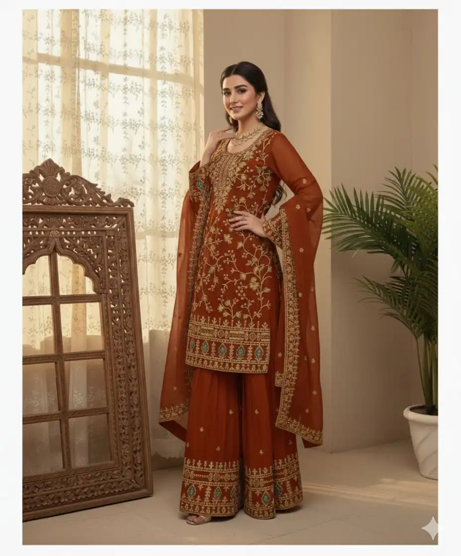 BE 447 Rust Color Zimmy Choo Salwar Suit with Embroidery Work. Online Get it for ₹2399. Delivery 4-6 Working Days. Shop now. | Casual Suits, Jump Suits, Creative suits, Designer Suits, Palazzo Suits, Party Wear Suits, Patiala Suits, Salwar suit, Straight Suits