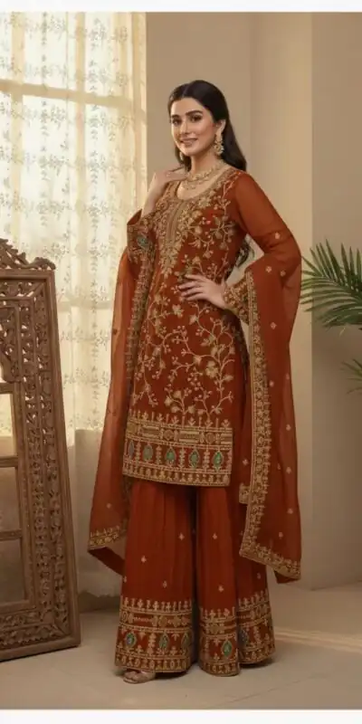 Rust Zimmy Choo Embroidery Work Salwar Suit