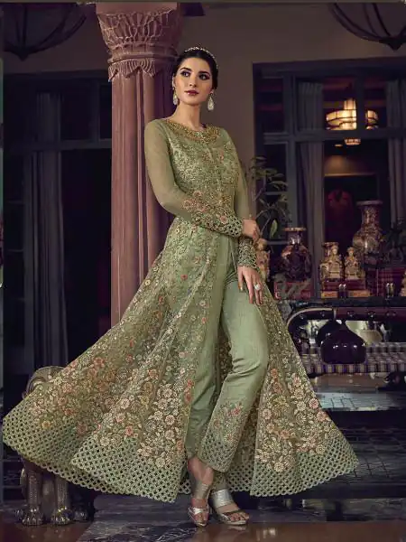 Sea Green Banglory Silk Embroidery Stone Work Salwar Suit - Image 2