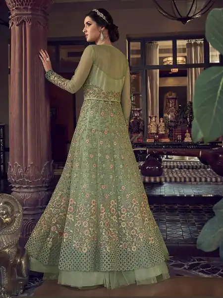 Sea Green Banglory Silk Embroidery Stone Work Salwar Suit - Image 4