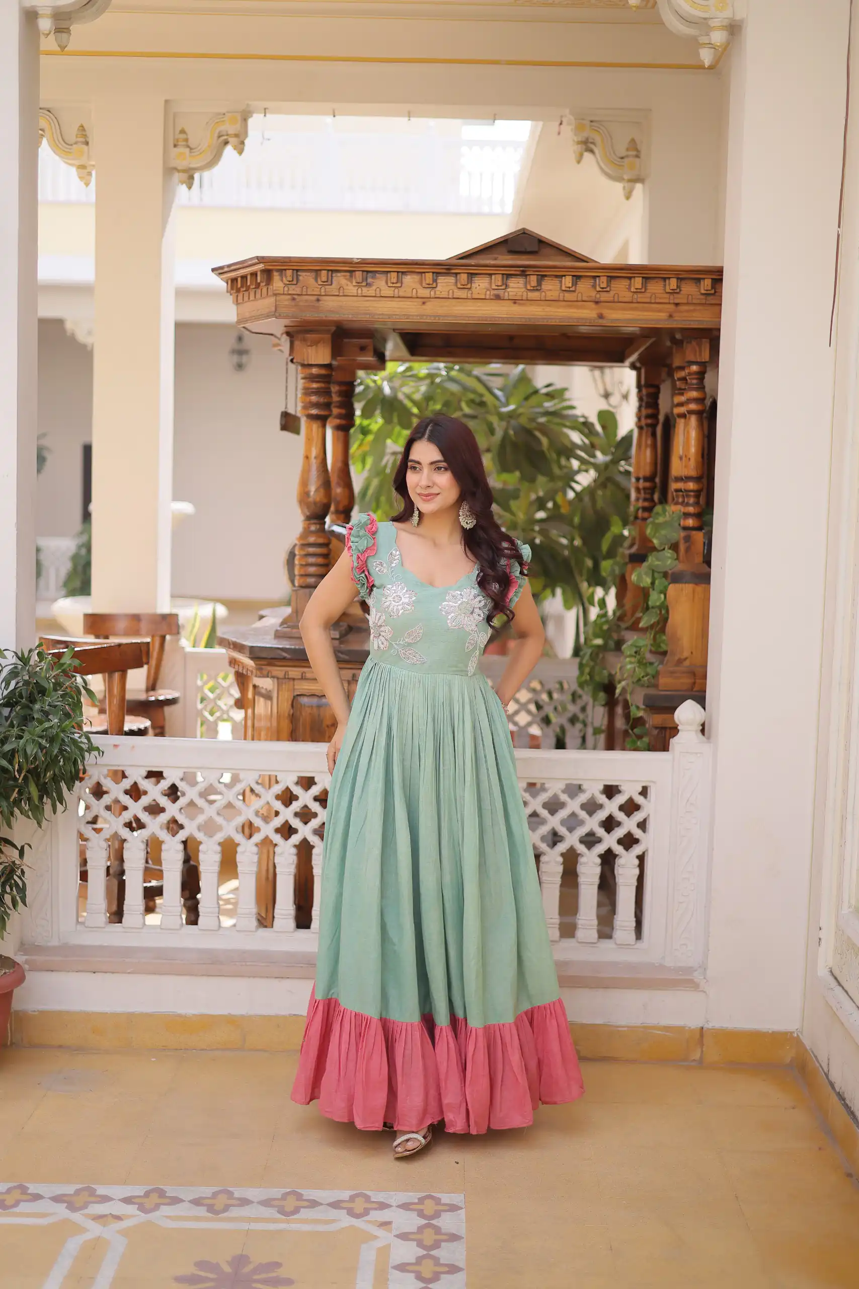 KA 1234 Sea Green Color Cotton Gown with Sequins Work & Embroidery Work. Festive Deal ₹1819. Delivery 4-6 Working Days. Shop now. | Bollywood Gowns, Creative Gowns, Designer Gowns, Embroidered Gowns, Gowns, Party Wear Gowns