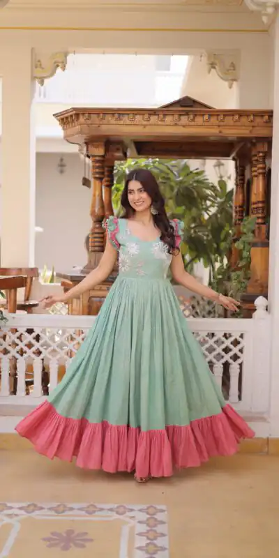 KA 1234 Sea Green Color Cotton Gown with Sequins Work & Embroidery Work. Festive Deal ₹1819. Delivery 4-6 Working Days. Shop now. | Bollywood Gowns, Creative Gowns, Designer Gowns, Embroidered Gowns, Gowns, Party Wear Gowns