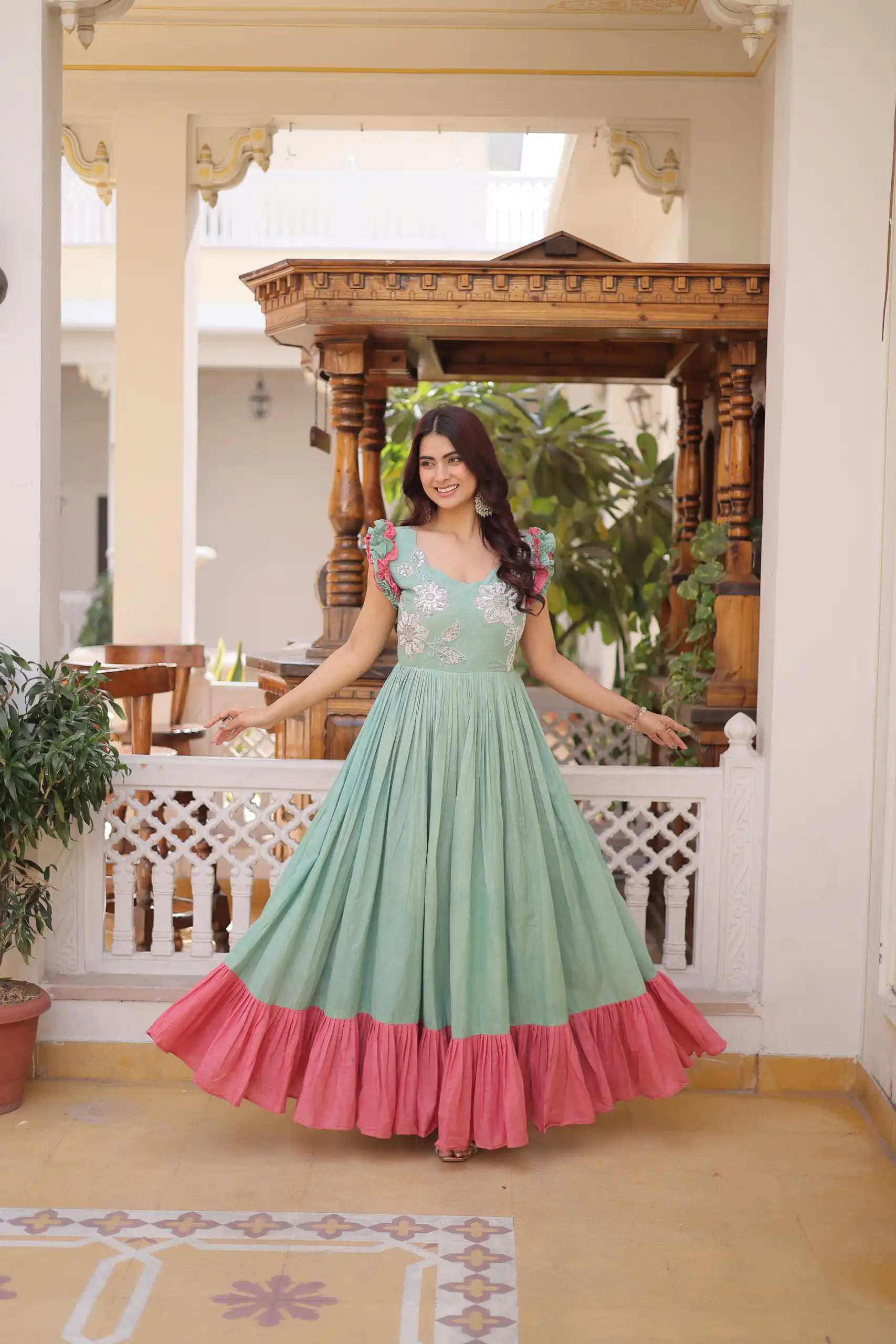 KA 1234 Sea Green Color Cotton Gown with Sequins Work & Embroidery Work. Festive Deal ₹1819. Delivery 4-6 Working Days. Shop now. | Bollywood Gowns, Creative Gowns, Designer Gowns, Embroidered Gowns, Gowns, Party Wear Gowns