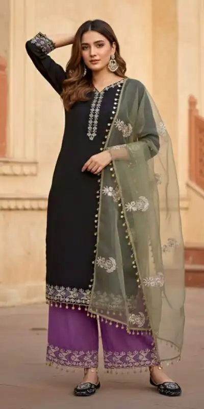 DB 35 Black Color Roman Silk Salwar Suit with Embroidery Work. Available at ₹2049 only. Delivery 4-6 Working Days. Shop now. | Casual Suits, Jump Suits, Creative suits, Designer Suits, Palazzo Suits, Party Wear Suits, Patiala Suits, Salwar suit, Straight Suits
