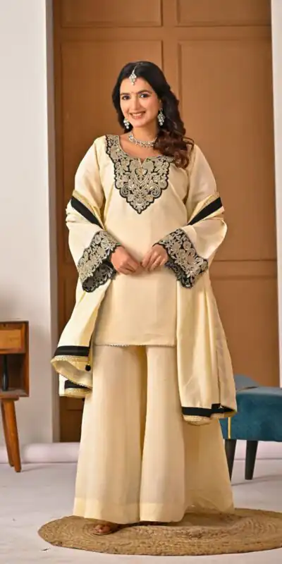 MD 3079 Cream Color Roman Silk Salwar Suit with Embroidery Work. Available at ₹2499 only. Delivery 4-6 Working Days. Shop now. | Casual Suits, Jump Suits, Creative suits, Designer Suits, Palazzo Suits, Party Wear Suits, Patiala Suits, Salwar suit, Straight Suits
