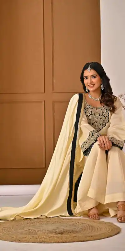 MD 3079 Cream Color Roman Silk Salwar Suit with Embroidery Work. Available at ₹2499 only. Delivery 4-6 Working Days. Shop now. | Casual Suits, Jump Suits, Creative suits, Designer Suits, Palazzo Suits, Party Wear Suits, Patiala Suits, Salwar suit, Straight Suits