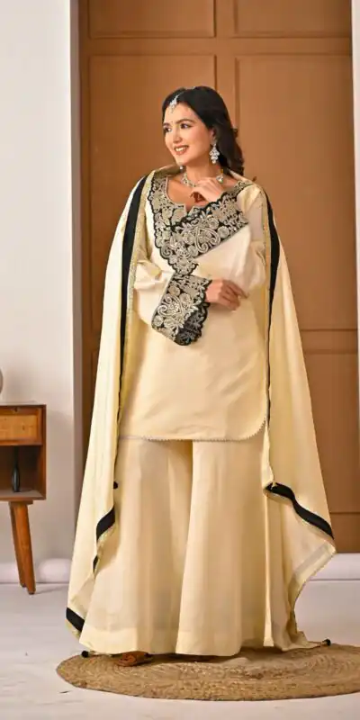 MD 3079 Cream Color Roman Silk Salwar Suit with Embroidery Work. Available at ₹2499 only. Delivery 4-6 Working Days. Shop now. | Casual Suits, Jump Suits, Creative suits, Designer Suits, Palazzo Suits, Party Wear Suits, Patiala Suits, Salwar suit, Straight Suits