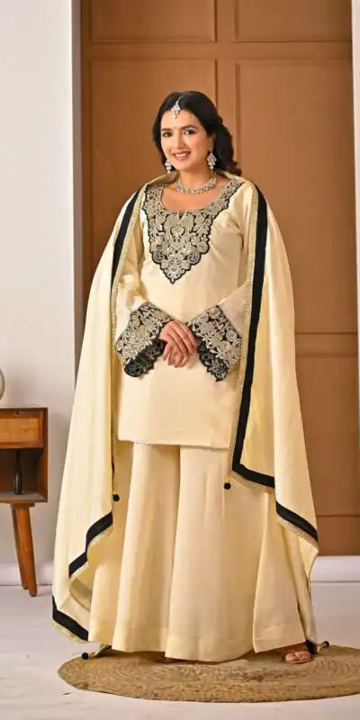 MD 3079 Cream Color Roman Silk Salwar Suit with Embroidery Work. Available at ₹2499 only. Delivery 4-6 Working Days. Shop now. | Casual Suits, Jump Suits, Creative suits, Designer Suits, Palazzo Suits, Party Wear Suits, Patiala Suits, Salwar suit, Straight Suits