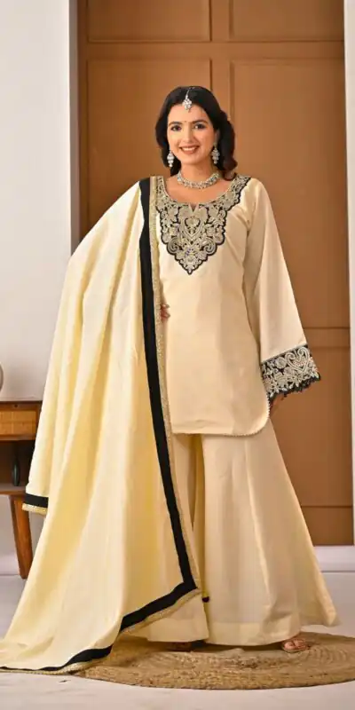 MD 3079 Cream Color Roman Silk Salwar Suit with Embroidery Work. Available at ₹2499 only. Delivery 4-6 Working Days. Shop now. | Casual Suits, Jump Suits, Creative suits, Designer Suits, Palazzo Suits, Party Wear Suits, Patiala Suits, Salwar suit, Straight Suits