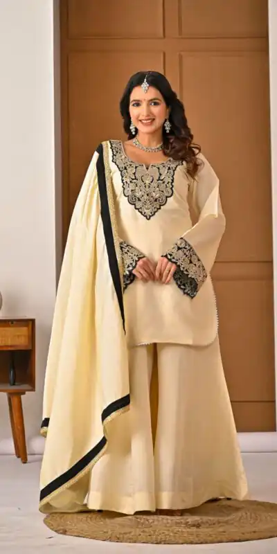 MD 3079 Cream Color Roman Silk Salwar Suit with Embroidery Work. Available at ₹2499 only. Delivery 4-6 Working Days. Shop now. | Casual Suits, Jump Suits, Creative suits, Designer Suits, Palazzo Suits, Party Wear Suits, Patiala Suits, Salwar suit, Straight Suits