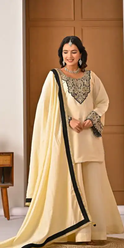 MD 3079 Cream Color Roman Silk Salwar Suit with Embroidery Work. Available at ₹2499 only. Delivery 4-6 Working Days. Shop now. | Casual Suits, Jump Suits, Creative suits, Designer Suits, Palazzo Suits, Party Wear Suits, Patiala Suits, Salwar suit, Straight Suits