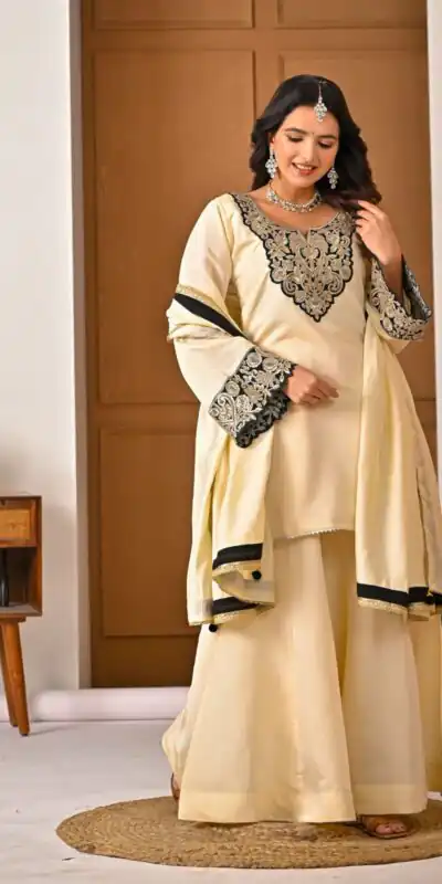MD 3079 Cream Color Roman Silk Salwar Suit with Embroidery Work. Available at ₹2499 only. Delivery 4-6 Working Days. Shop now. | Casual Suits, Jump Suits, Creative suits, Designer Suits, Palazzo Suits, Party Wear Suits, Patiala Suits, Salwar suit, Straight Suits