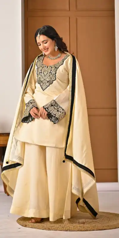 MD 3079 Cream Color Roman Silk Salwar Suit with Embroidery Work. Available at ₹2499 only. Delivery 4-6 Working Days. Shop now. | Casual Suits, Jump Suits, Creative suits, Designer Suits, Palazzo Suits, Party Wear Suits, Patiala Suits, Salwar suit, Straight Suits