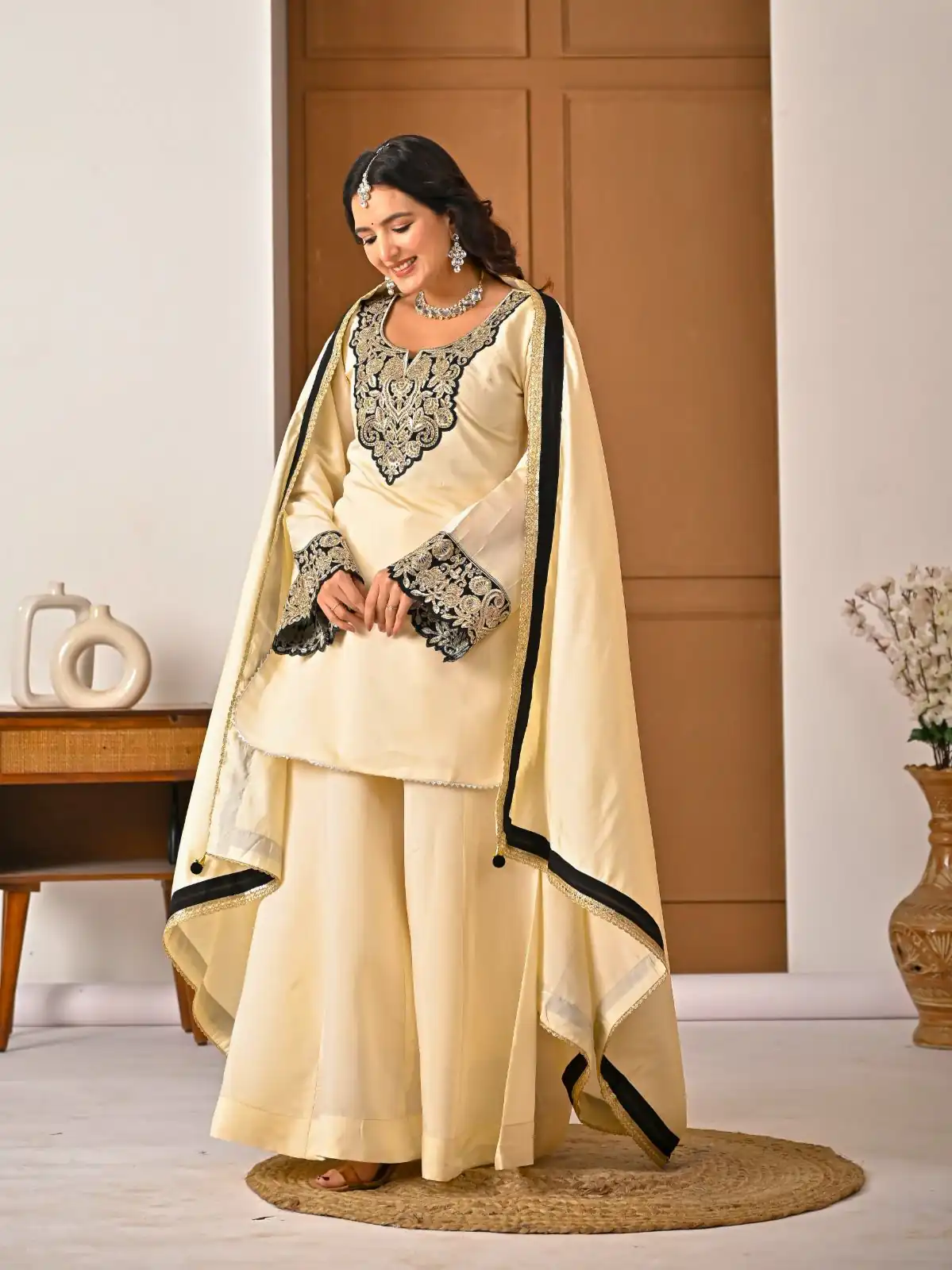 MD 3079 Cream Color Roman Silk Salwar Suit with Embroidery Work. Available at ₹2499 only. Delivery 4-6 Working Days. Shop now. | Casual Suits, Jump Suits, Creative suits, Designer Suits, Palazzo Suits, Party Wear Suits, Patiala Suits, Salwar suit, Straight Suits