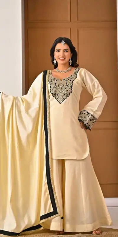 MD 3079 Cream Color Roman Silk Salwar Suit with Embroidery Work. Available at ₹2499 only. Delivery 4-6 Working Days. Shop now. | Casual Suits, Jump Suits, Creative suits, Designer Suits, Palazzo Suits, Party Wear Suits, Patiala Suits, Salwar suit, Straight Suits