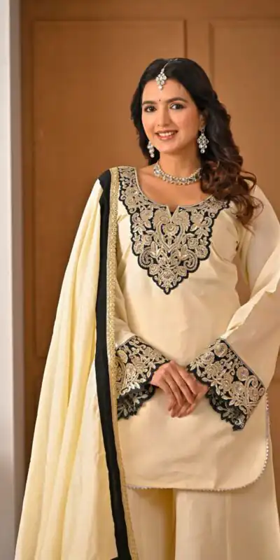 MD 3079 Cream Color Roman Silk Salwar Suit with Embroidery Work. Available at ₹2499 only. Delivery 4-6 Working Days. Shop now. | Casual Suits, Jump Suits, Creative suits, Designer Suits, Palazzo Suits, Party Wear Suits, Patiala Suits, Salwar suit, Straight Suits