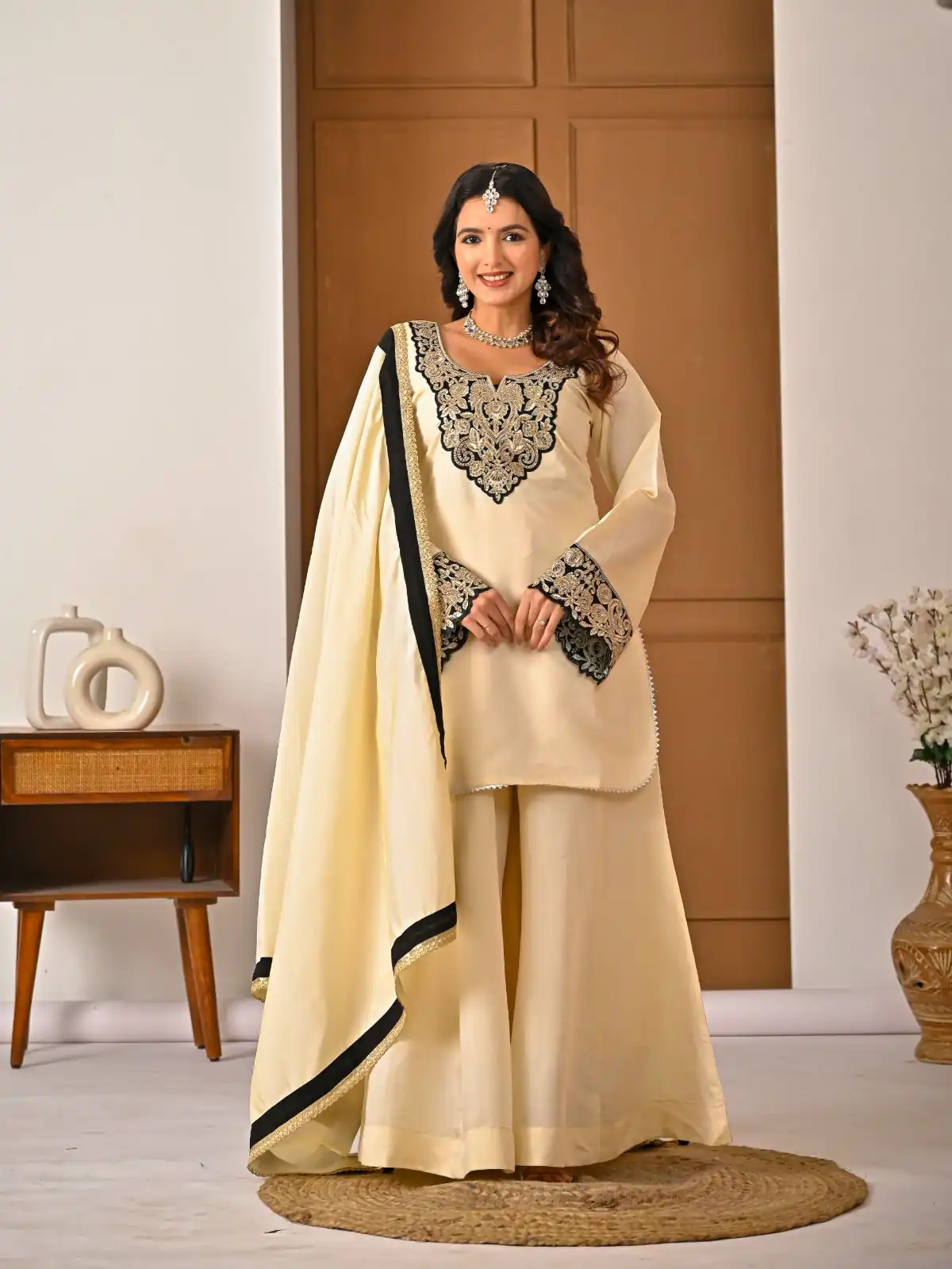 MD 3079 Cream Color Roman Silk Salwar Suit with Embroidery Work. Available at ₹2499 only. Delivery 4-6 Working Days. Shop now. | Casual Suits, Jump Suits, Creative suits, Designer Suits, Palazzo Suits, Party Wear Suits, Patiala Suits, Salwar suit, Straight Suits