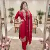 Shiny Red Roman Silk Embroidery Work Salwar Suit