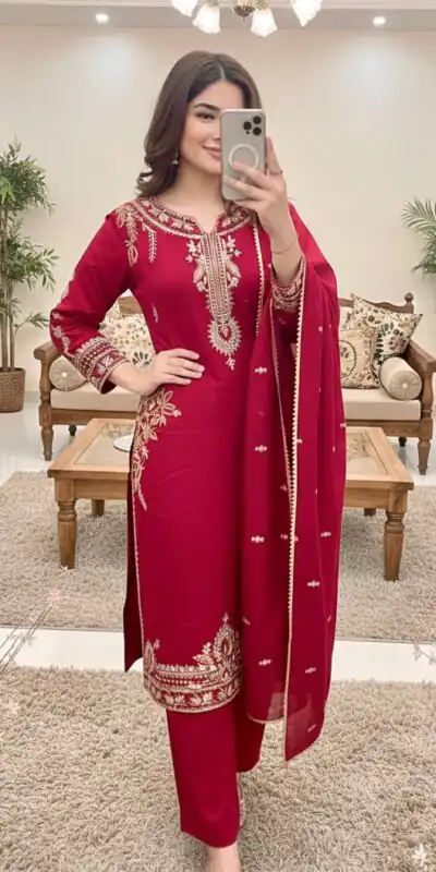 MT 1066 Red Color Roman Silk Salwar Suit with Embroidery Work. Available at ₹2049 only. Delivery 4-6 Working Days. Shop now. | Casual Suits, Jump Suits, Creative suits, Designer Suits, Palazzo Suits, Party Wear Suits, Patiala Suits, Salwar suit, Straight Suits