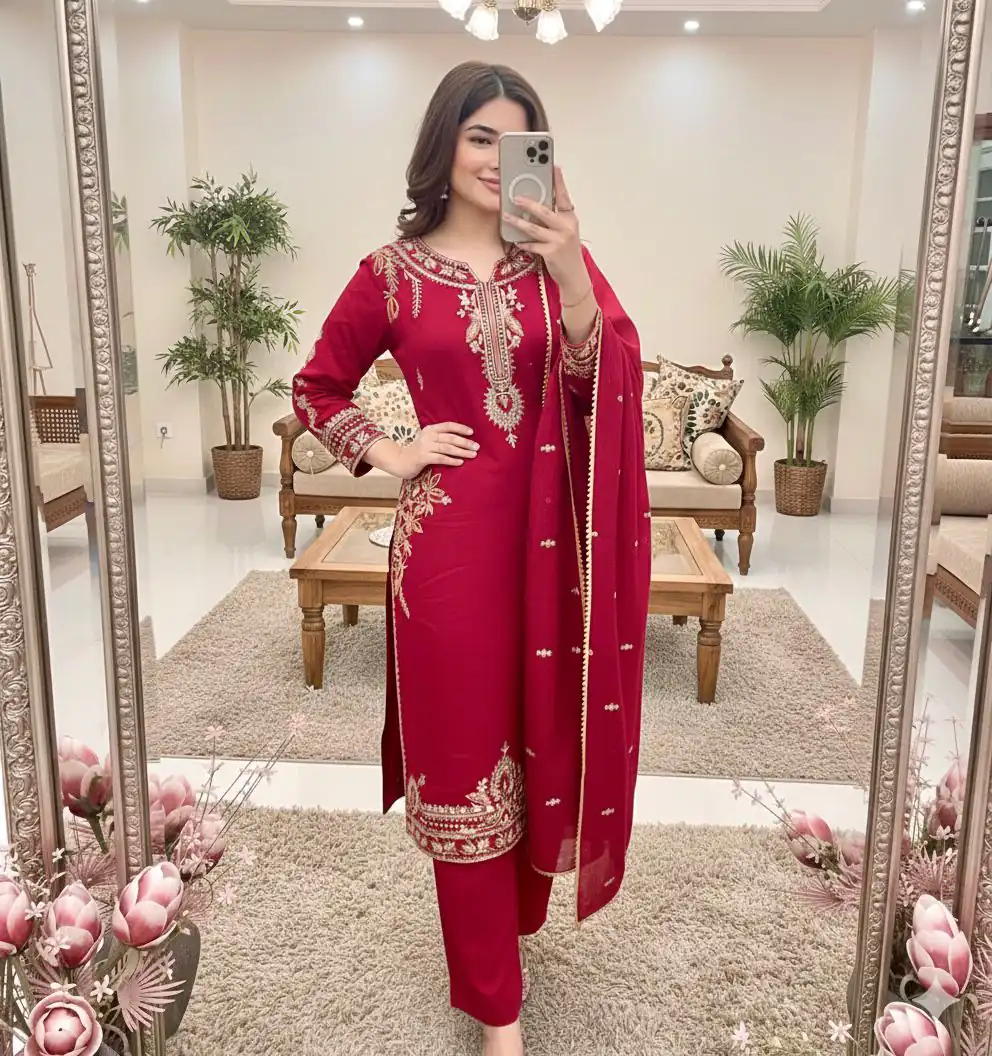 MT 1066 Red Color Roman Silk Salwar Suit with Embroidery Work. Available at ₹2049 only. Delivery 4-6 Working Days. Shop now. | Casual Suits, Jump Suits, Creative suits, Designer Suits, Palazzo Suits, Party Wear Suits, Patiala Suits, Salwar suit, Straight Suits