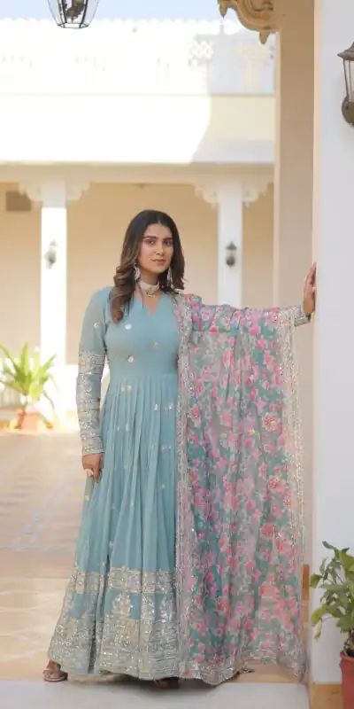 KA 1078 Sky Blue Faux Georgette Gown Perfect for Wedding, Party, Makar Sankranti, Karwa Chauth, Ethnic Day – . Now at just ₹3349. Delivery 4-6 Working D | Bollywood Gowns, Creative Gowns, Designer Gowns, Embroidered Gowns, Gowns, Party Wear Gowns