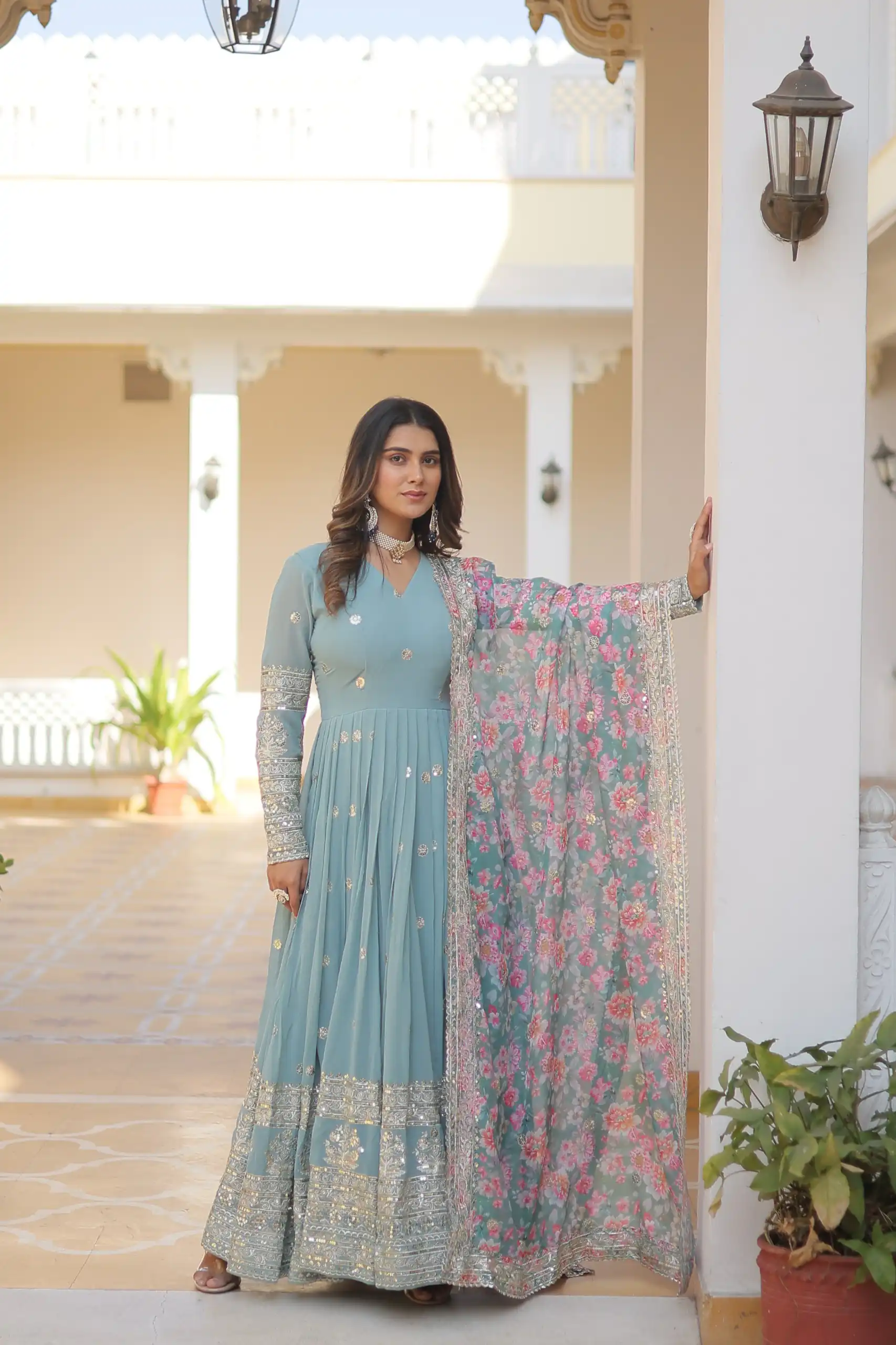 KA 1078 Sky Blue Faux Georgette Gown Perfect for Wedding, Party, Makar Sankranti, Karwa Chauth, Ethnic Day – . Now at just ₹3349. Delivery 4-6 Working D | Bollywood Gowns, Creative Gowns, Designer Gowns, Embroidered Gowns, Gowns, Party Wear Gowns