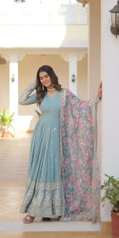 KA 1078 Sky Blue Faux Georgette Gown Perfect for Wedding, Party, Makar Sankranti, Karwa Chauth, Ethnic Day – . Now at just ₹3349. Delivery 4-6 Working D | Bollywood Gowns, Creative Gowns, Designer Gowns, Embroidered Gowns, Gowns, Party Wear Gowns