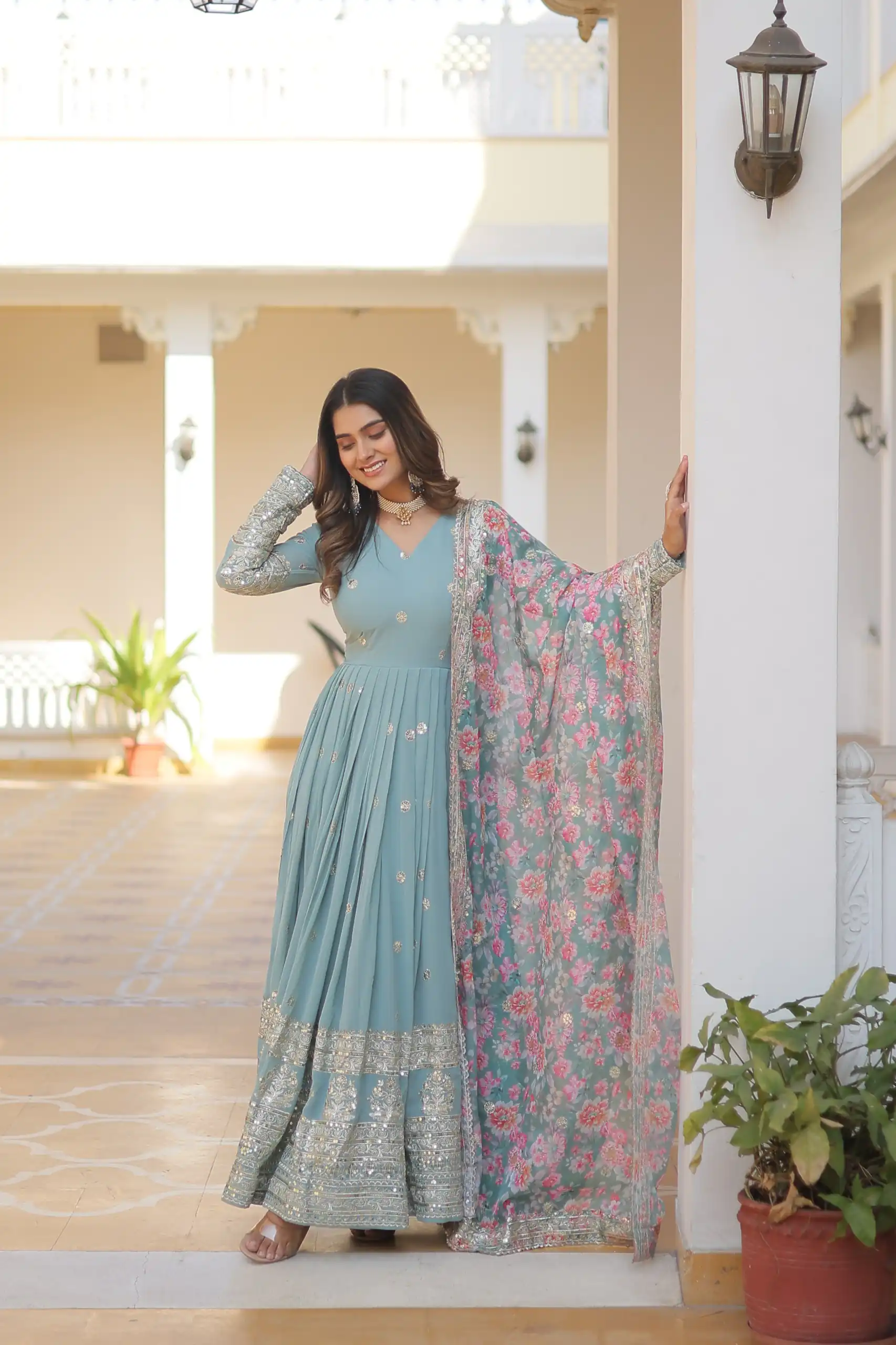 KA 1078 Sky Blue Faux Georgette Gown Perfect for Wedding, Party, Makar Sankranti, Karwa Chauth, Ethnic Day – . Now at just ₹3349. Delivery 4-6 Working D | Bollywood Gowns, Creative Gowns, Designer Gowns, Embroidered Gowns, Gowns, Party Wear Gowns