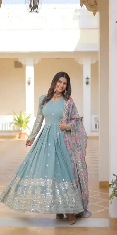 KA 1078 Sky Blue Faux Georgette Gown Perfect for Wedding, Party, Makar Sankranti, Karwa Chauth, Ethnic Day – . Now at just ₹3349. Delivery 4-6 Working D | Bollywood Gowns, Creative Gowns, Designer Gowns, Embroidered Gowns, Gowns, Party Wear Gowns