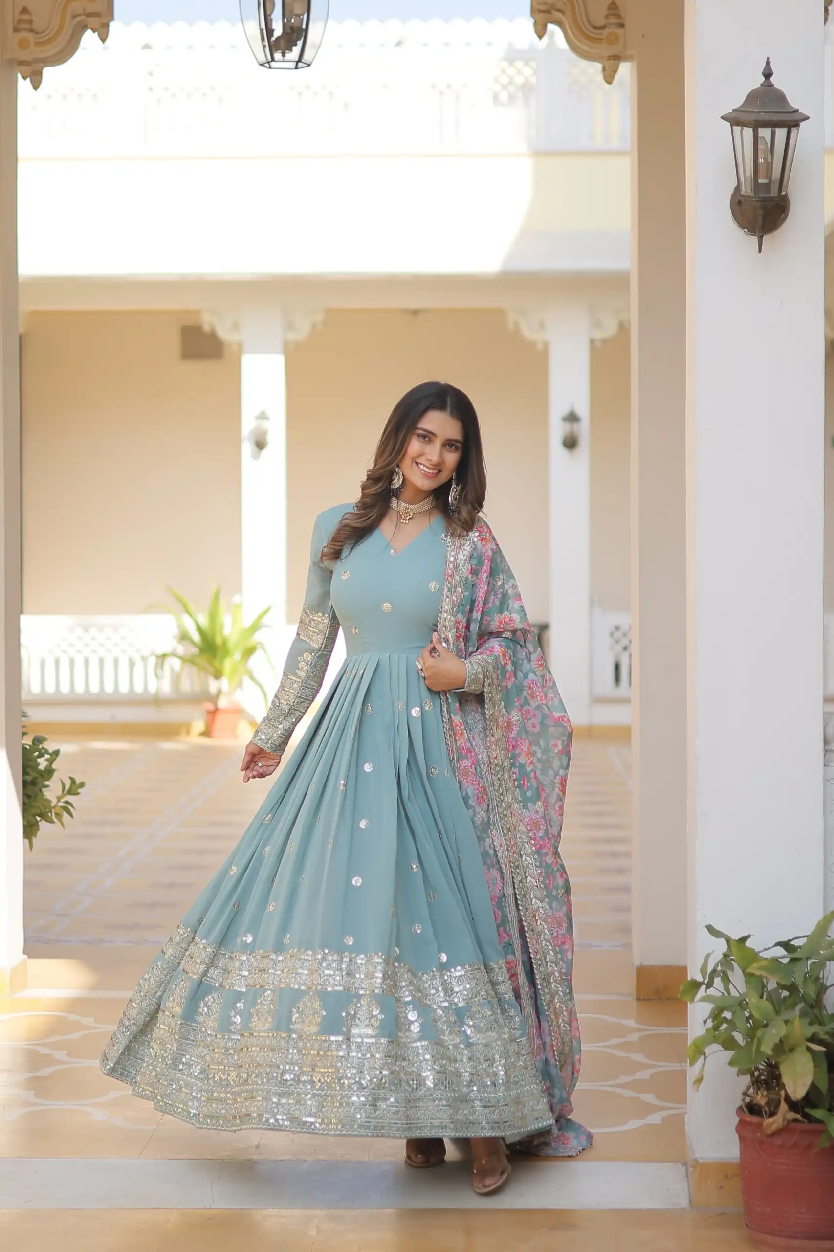 KA 1078 Sky Blue Faux Georgette Gown Perfect for Wedding, Party, Makar Sankranti, Karwa Chauth, Ethnic Day – . Now at just ₹3349. Delivery 4-6 Working D | Bollywood Gowns, Creative Gowns, Designer Gowns, Embroidered Gowns, Gowns, Party Wear Gowns