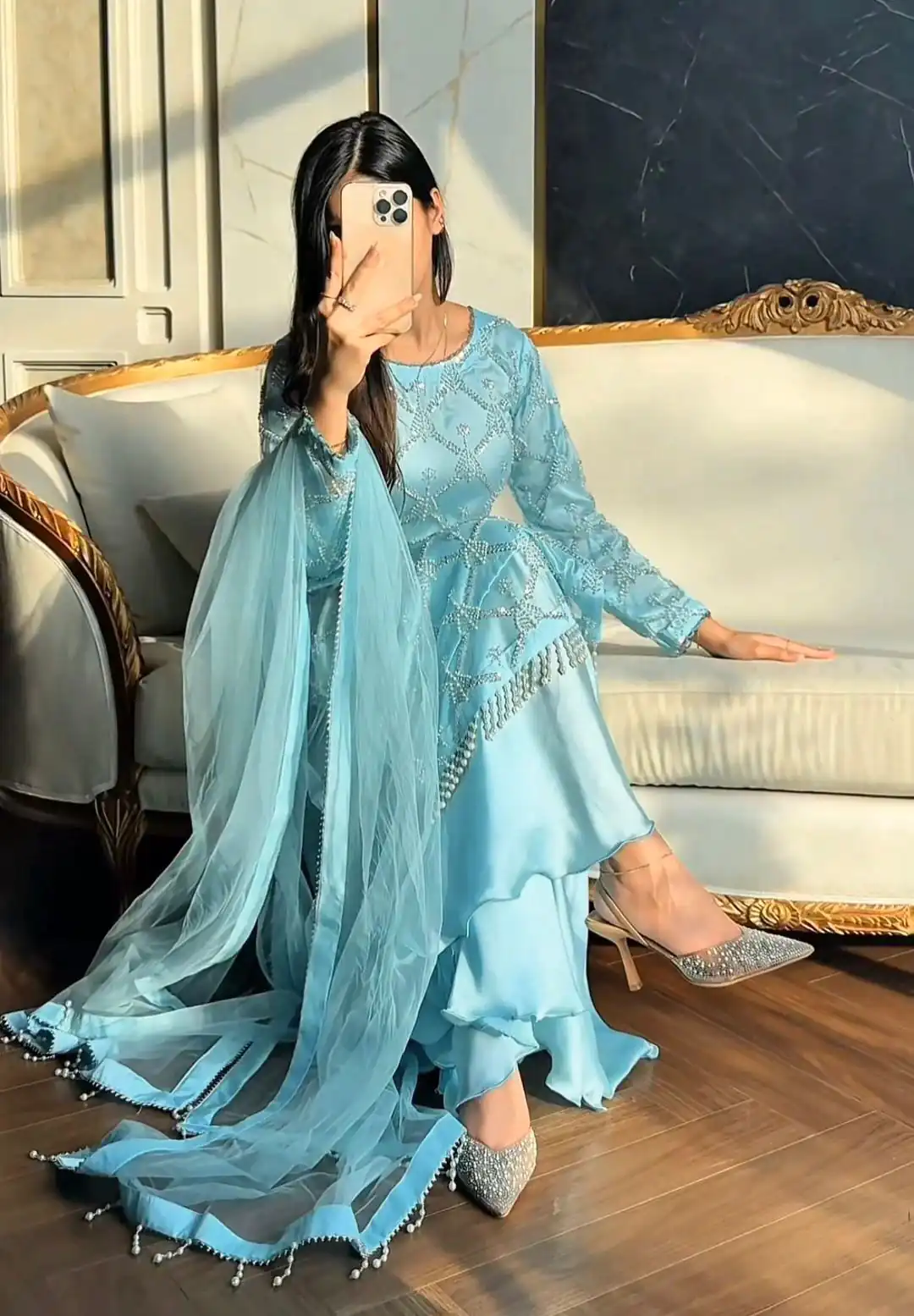 Sky Blue Soft Net Lace Embroidery Work Salwar Suit - Image 2