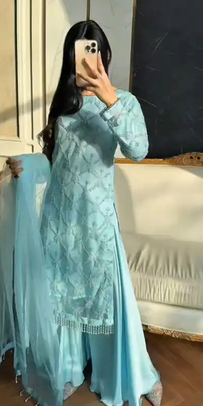 DB 34 Sky Blue Soft Net Salwar Suit. Perfect for Wedding, Party, Ganesh Chaturthi, Anniversary, Ethnic Day – Grab it for ₹1999. Delivery 4-6 Working Days | Casual Suits, Jump Suits, Creative suits, Designer Suits, Palazzo Suits, Party Wear Suits, Patiala Suits, Salwar suit, Straight Suits