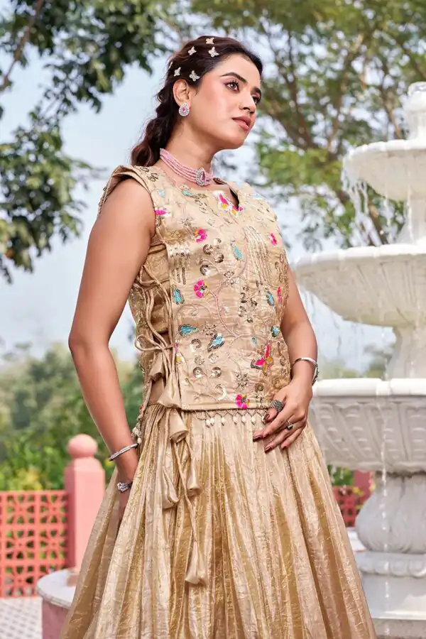 Solid Chiku Gold Crush Embroider Work Lehenga Choli