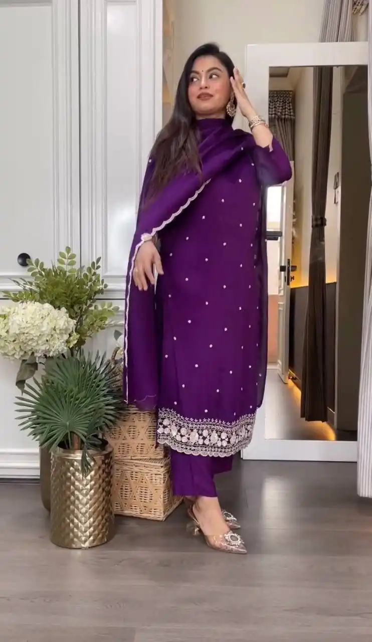 Solid Purple Chinon Silk Embroidery Work Sawlar Suit - Image 3