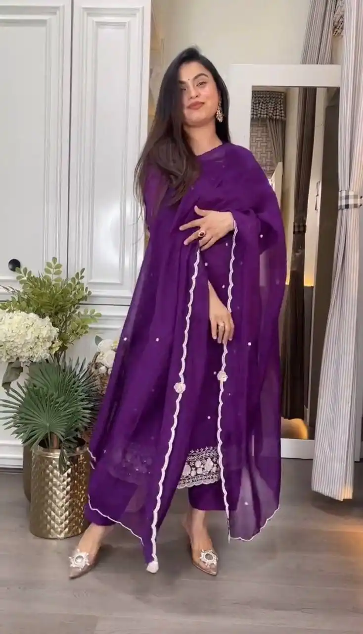Solid Purple Chinon Silk Embroidery Work Sawlar Suit - Image 6
