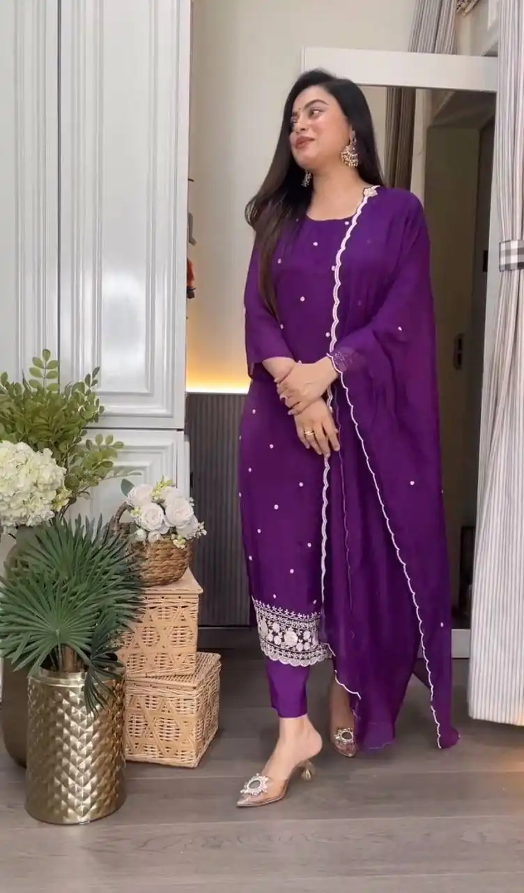 DC 98 Purple Color Chinon Silk Sawlar Suit with Embroidery Work. Exclusive Offer ₹1799. Delivery 4-6 Working Days. Shop now. | Casual Suits, Jump Suits, Creative suits, Designer Suits, Palazzo Suits, Party Wear Suits, Patiala Suits, Salwar suit, Straight Suits
