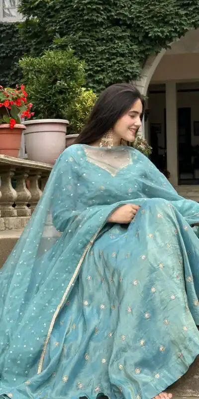 SSR 524 Sky Blue Color Vichitra silk Gown with Bead Work & Lace Work. Now at just ₹1999. Delivery 4-6 Working Days. Shop now. | Bollywood Gowns, Creative Gowns, Designer Gowns, Embroidered Gowns, Gowns, Party Wear Gowns