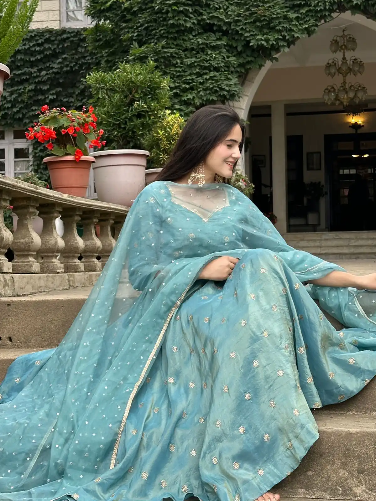 SSR 524 Sky Blue Color Vichitra silk Gown with Bead Work & Lace Work. Now at just ₹1999. Delivery 4-6 Working Days. Shop now. | Bollywood Gowns, Creative Gowns, Designer Gowns, Embroidered Gowns, Gowns, Party Wear Gowns