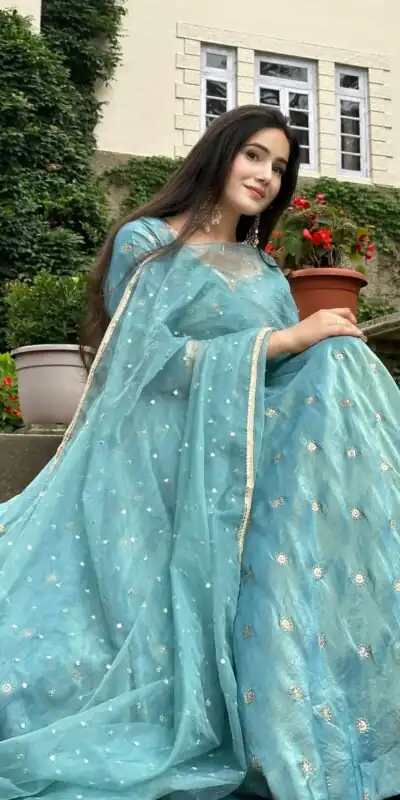 SSR 524 Sky Blue Color Vichitra silk Gown with Bead Work & Lace Work. Now at just ₹1999. Delivery 4-6 Working Days. Shop now. | Bollywood Gowns, Creative Gowns, Designer Gowns, Embroidered Gowns, Gowns, Party Wear Gowns